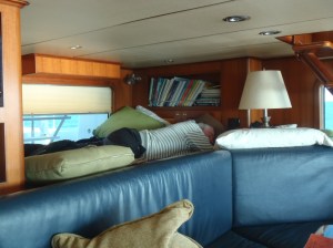 Bradley sleeps in watch berth in rough seas to be close at hand