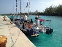 Dulcinea safely at the dock at Bennett’s Harbour  after a tow from our&nbsp;tender