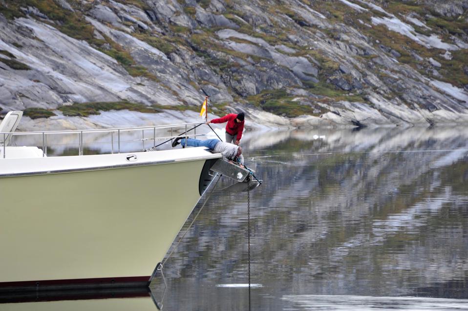Working on the anchor roller (photo by Steve D'Antonio)
