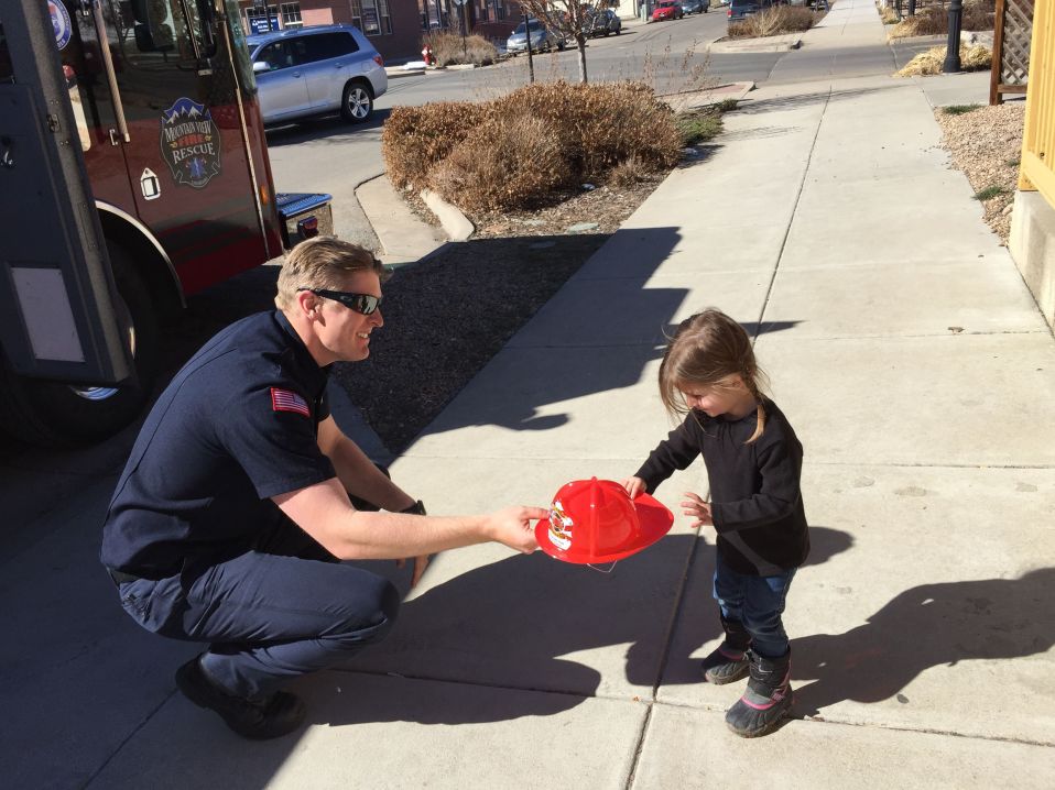 Great-niece Sophie meets a nice firefighter