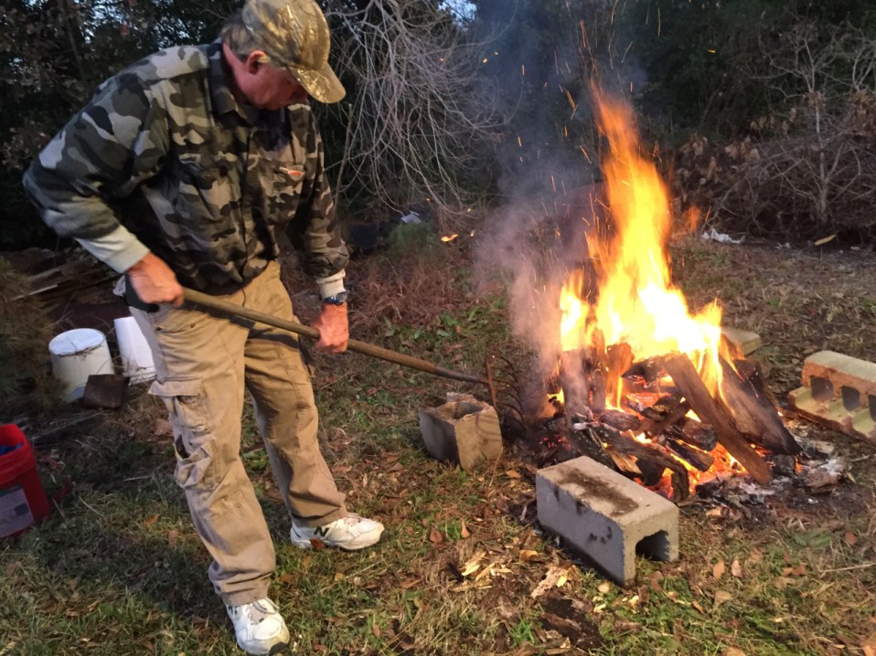 Steve works on the fire